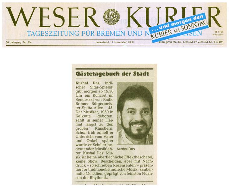 Artikel aus dem Weser Kurier vom 11. November 2000 zum Konzert (klassische indische Musik) von Kushal Das (Sitar) und Abhijit Banerjee (Tabla)